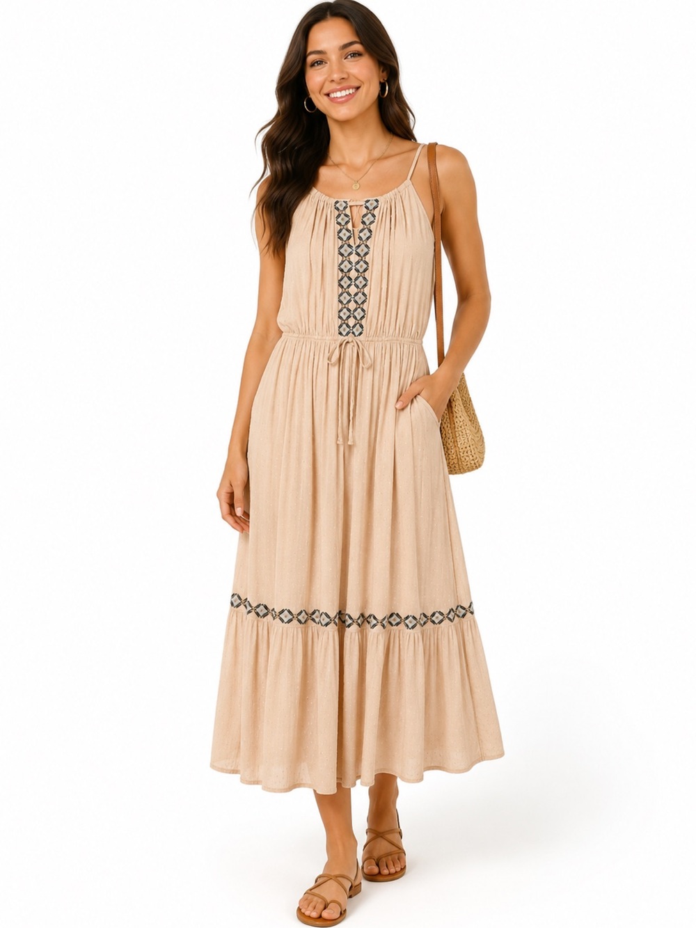 NWT Lucky Brand Embroidered Midi Dress Swiss Dot Sand Combo XL